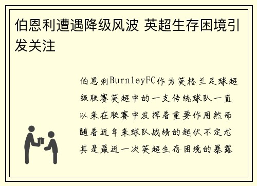 伯恩利遭遇降级风波 英超生存困境引发关注 伯恩利遭遇降级风波 英超生存困境引发关注