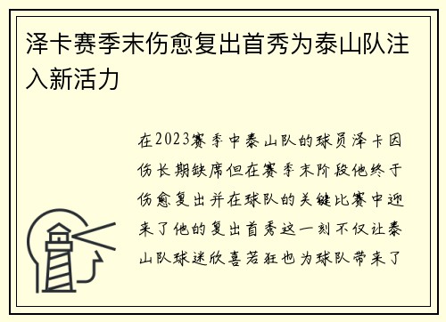 泽卡赛季末伤愈复出首秀为泰山队注入新活力