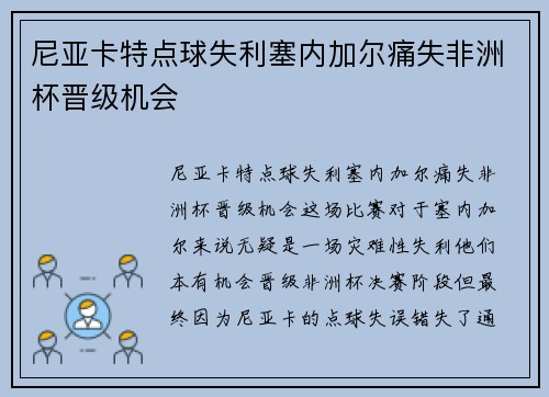 尼亚卡特点球失利塞内加尔痛失非洲杯晋级机会 尼亚卡特点球失利塞内加尔痛失非洲杯晋级机会